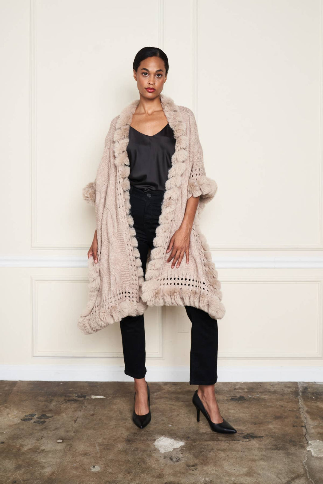 Faux Fur Trim Wrap: Black