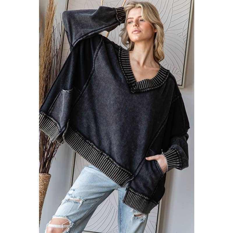 WIDE V NECK L/S TOP: BLACK