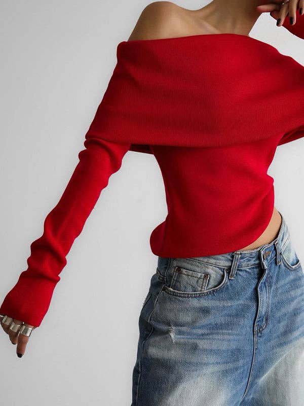 Off Shoulder Sweater : RED / M
