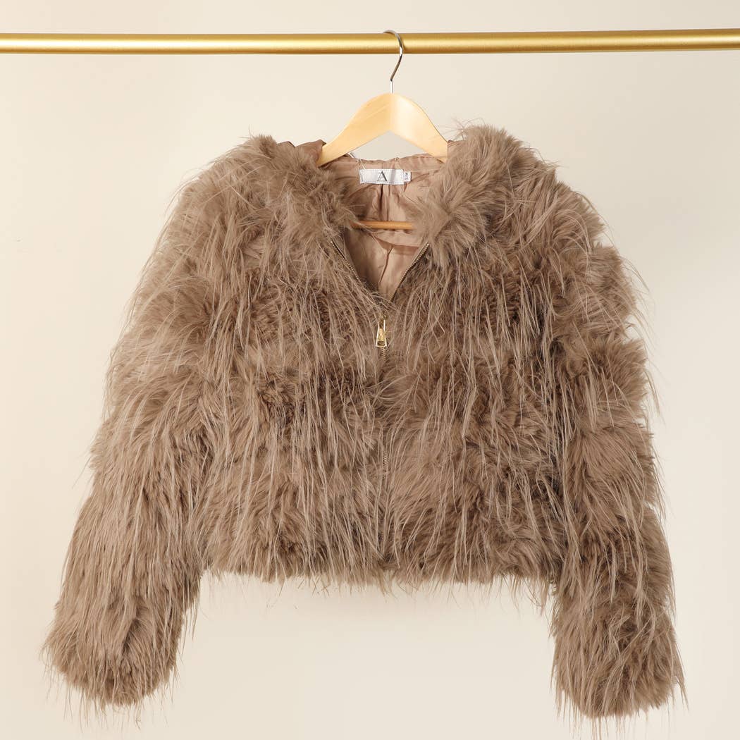 Faux Fur Zip Jacket: Beige / L/XL