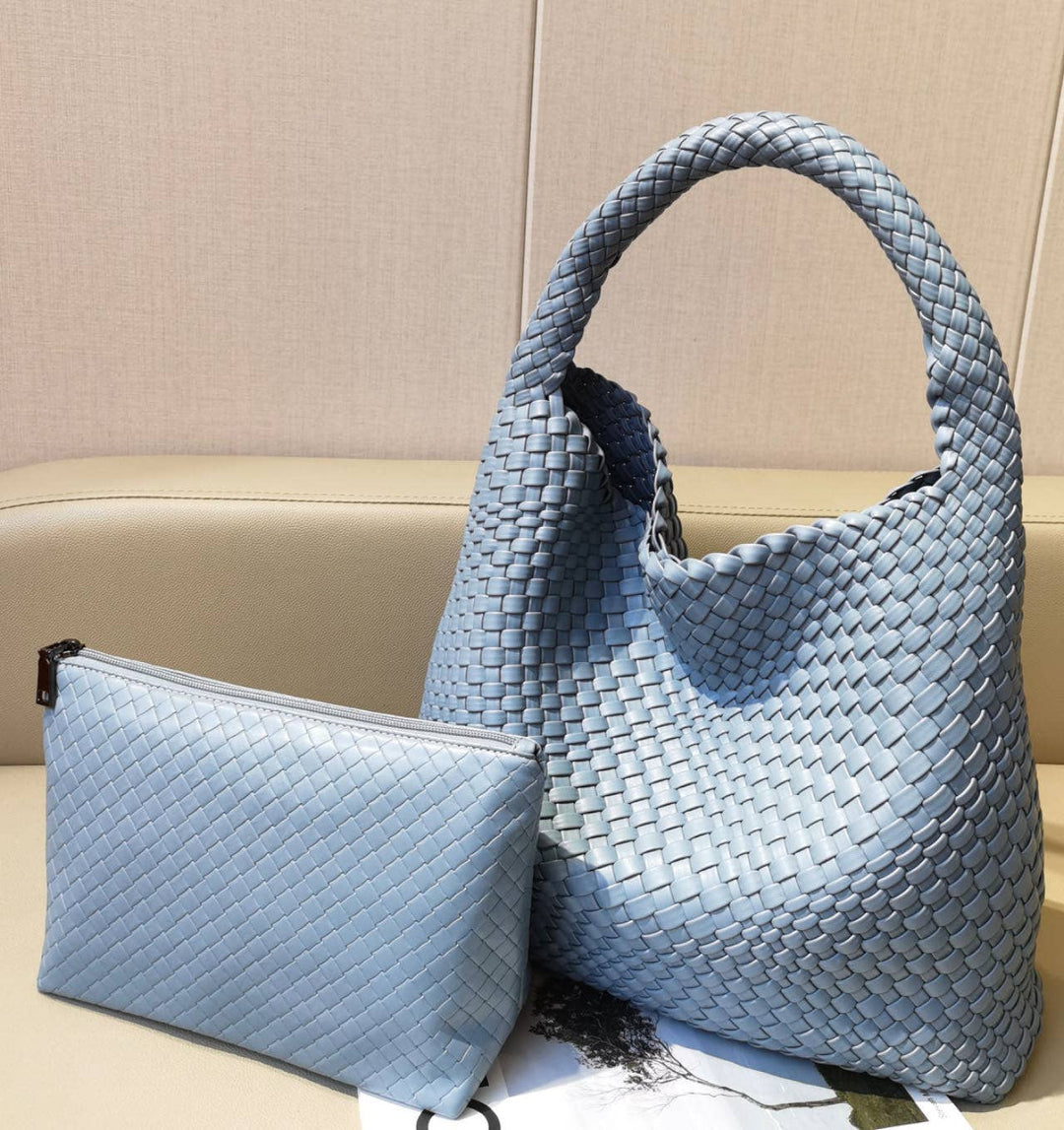 PEACH ACCESSORIES - B1683 Weave two in one handbags: Brown