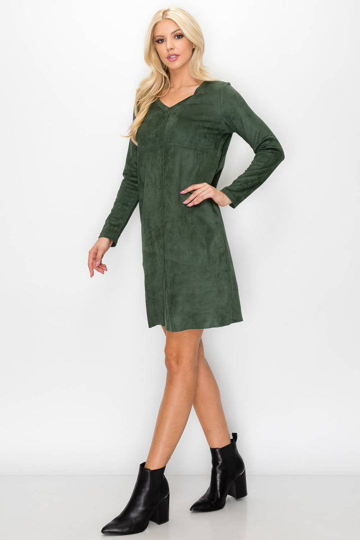 Aurora V-Neck Suede Dress: MAHOGANY / L / 2059V
