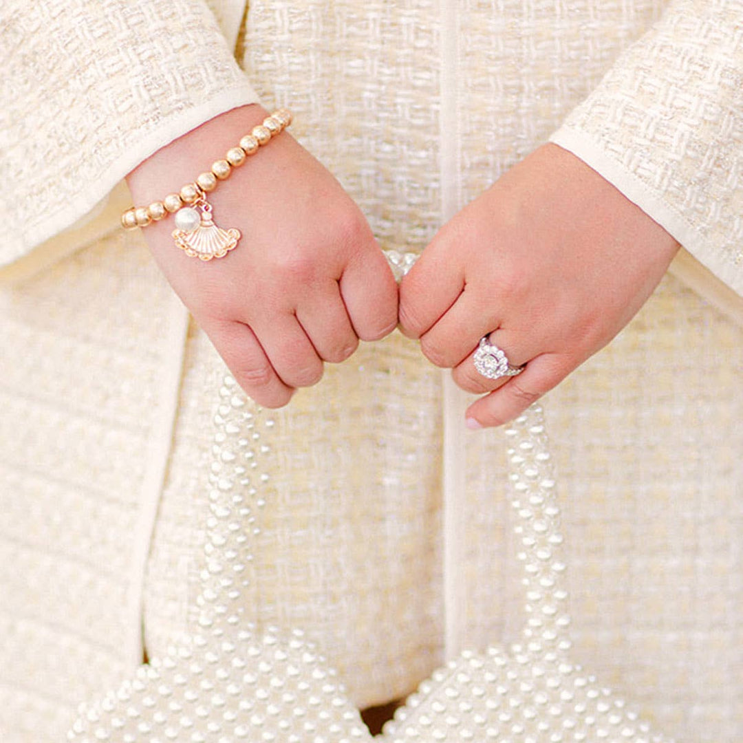 Brigitte French Fan & Pearl Charm Ball Bead Stretch Bracelet in Worn Gold