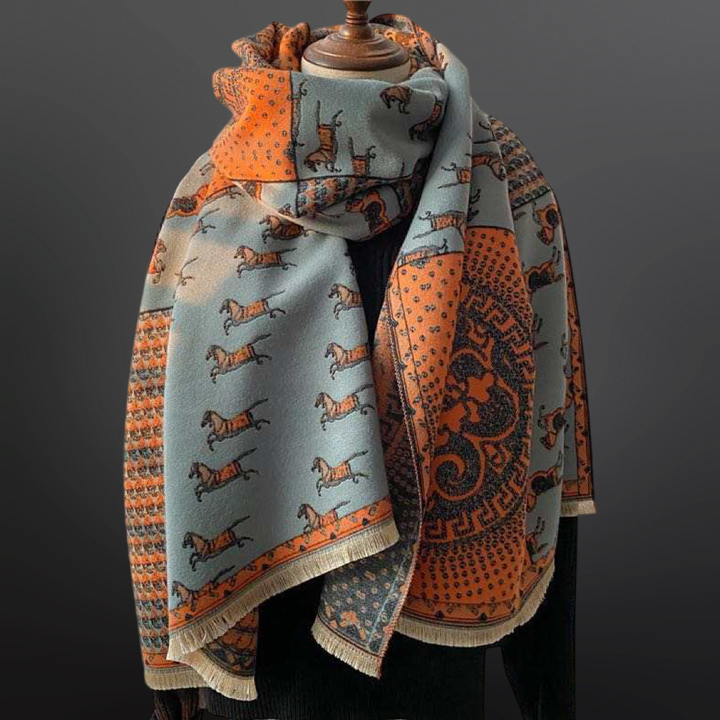 Equipage - Prancing Pony Equestrian Horse Print Scarf: Blue/Orange