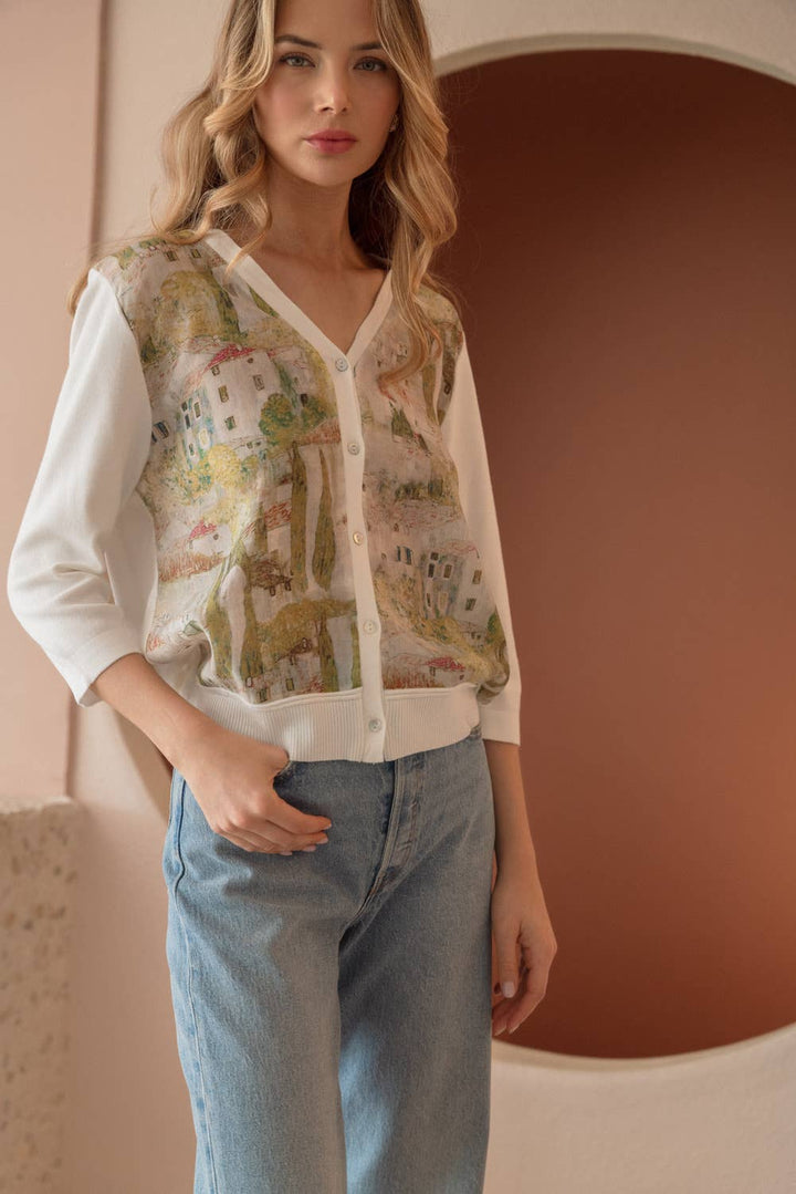 Knitted Print Cardigan: White / XL