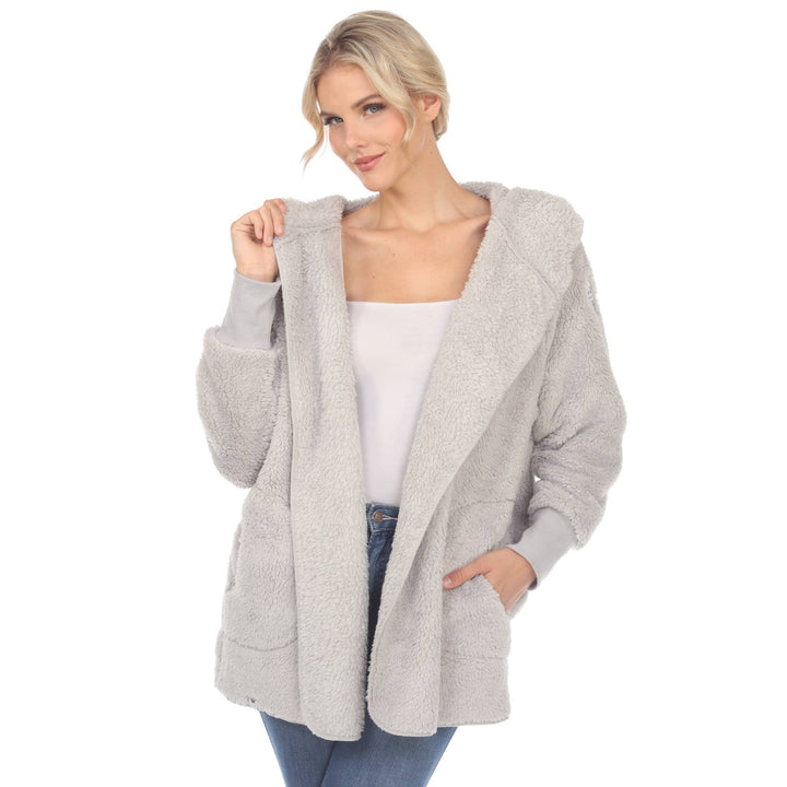 Plush Hooded Cardigan with Pockets: Purple / S/M