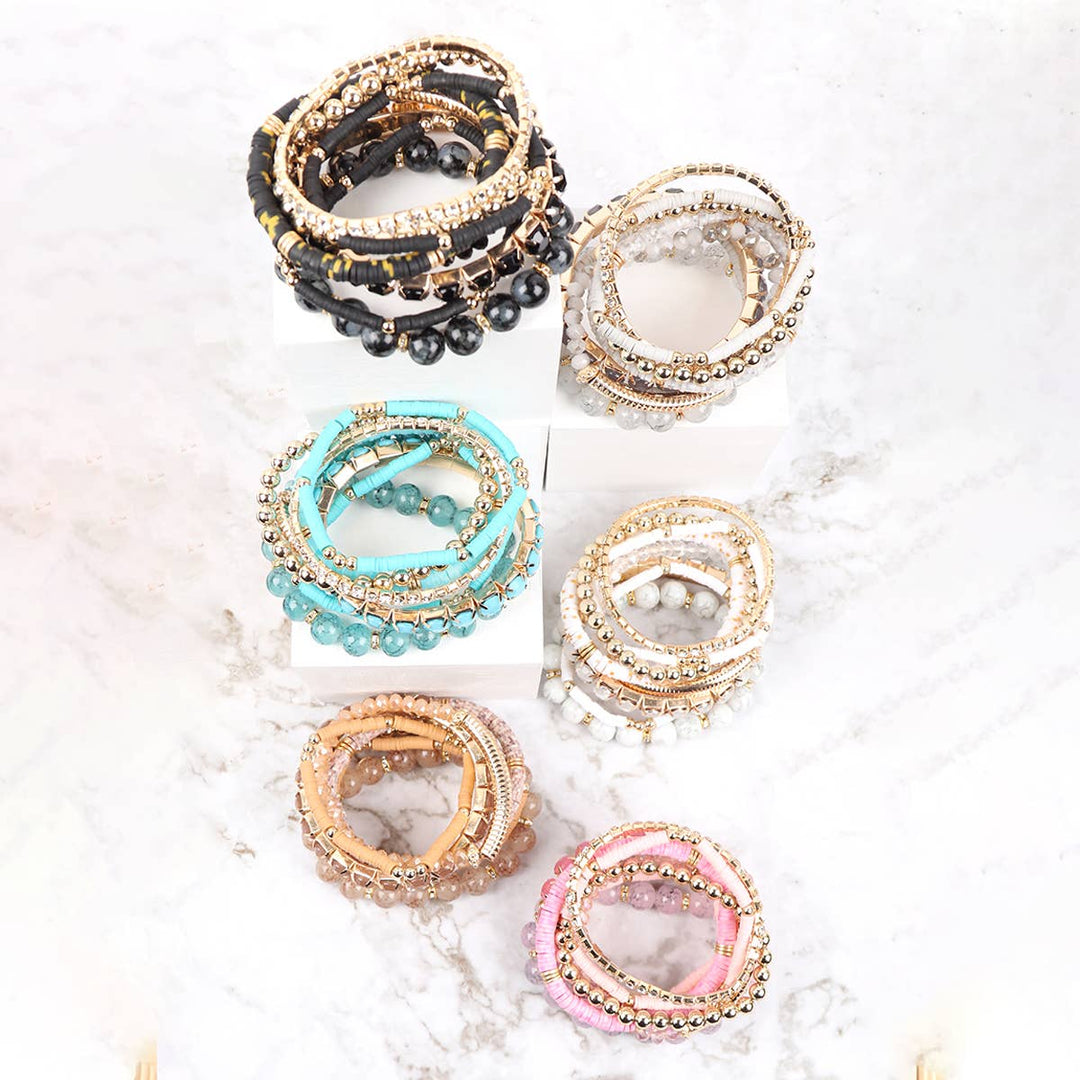 MIX BEAD CHARM STRETCH BRACELET: WHITE
