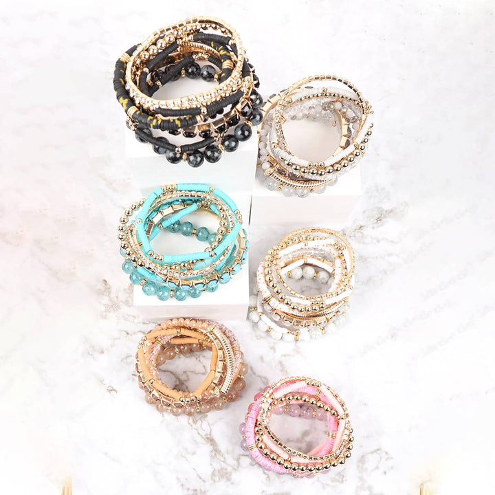 MIX BEAD CHARM STRETCH BRACELET: WHITE