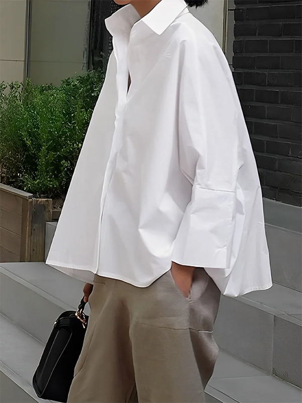 Lapel Collar Blouses : WHITE / L