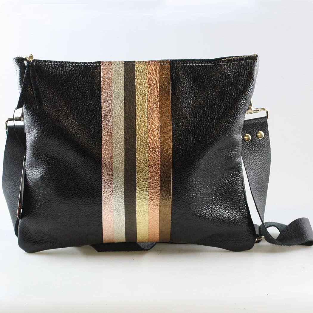 Neutral Stripe Taylor Crossbody: Gunmetal with Neutral Rainbow Stripes / Unlined / 9"x7.5"