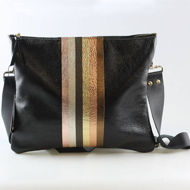 Neutral Stripe Taylor Crossbody: Gunmetal with Neutral Rainbow Stripes / Unlined / 9"x7.5"