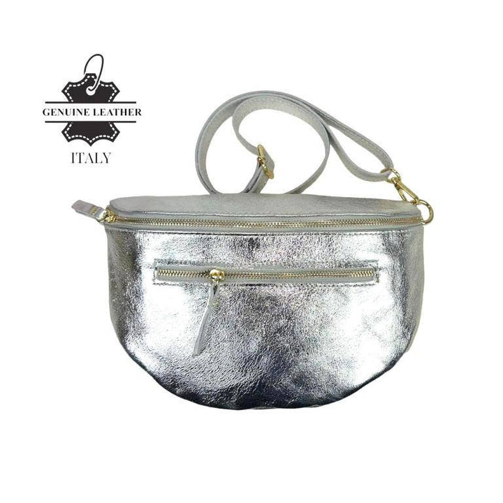 Large Italian Leather Waist Bag: Silver