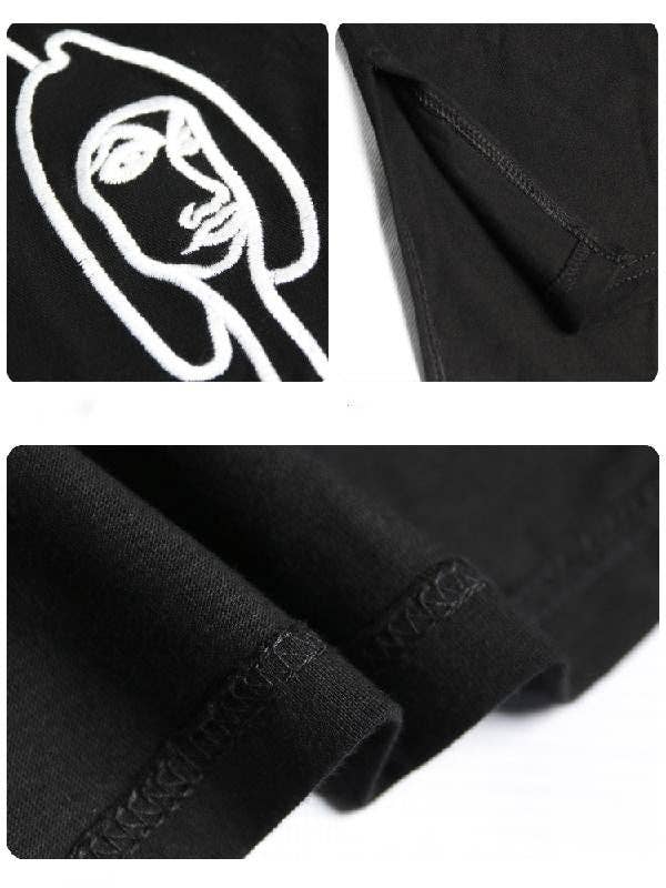 Embroidered Black&White Loose Round-Neck T-Shirt: BLACK / FREE SIZE