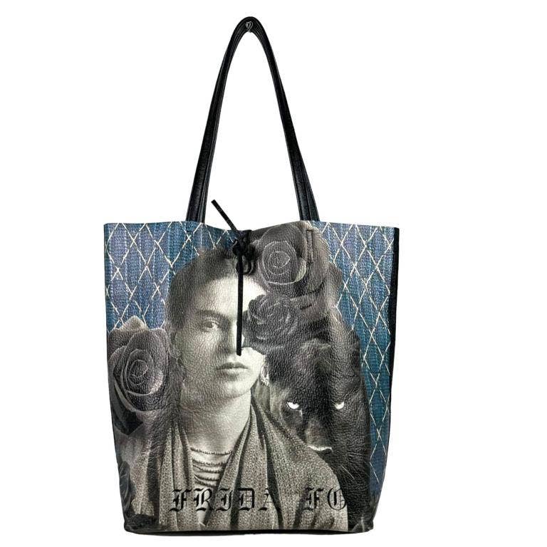 Leather Shopper Bag with Frida Kahlo: Blue