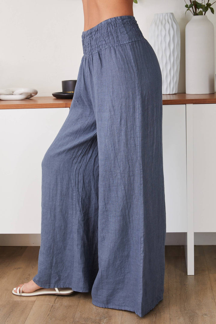 LINEN SMOCKED WAIST PANT: Mocha / M