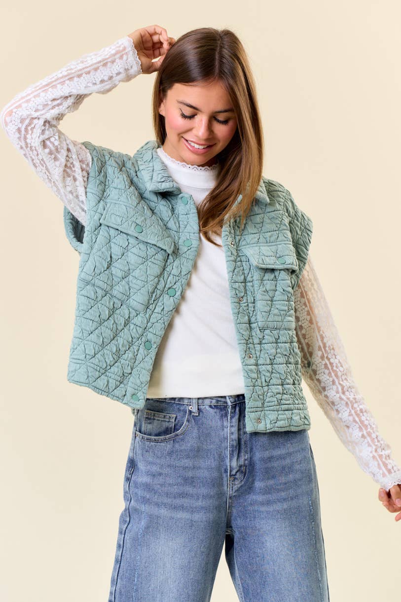 Doe and Rae - QUILTED POINT COLLAR FLAP PATCHED POCKET VEST - 10626J-1: OAT / M