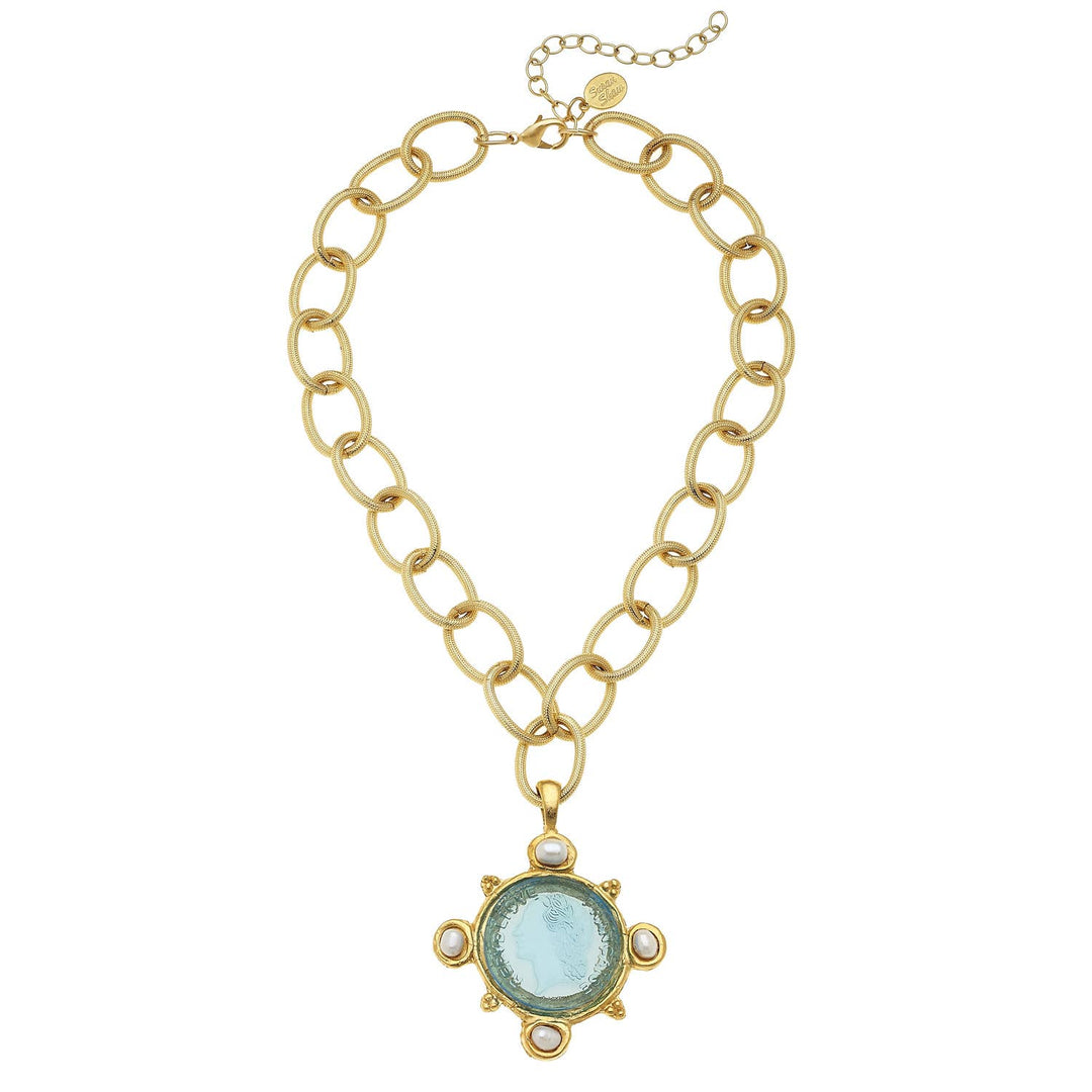 Aqua Venetian Glass Coin Genuine Freshwater Pearls on Chain Necklace