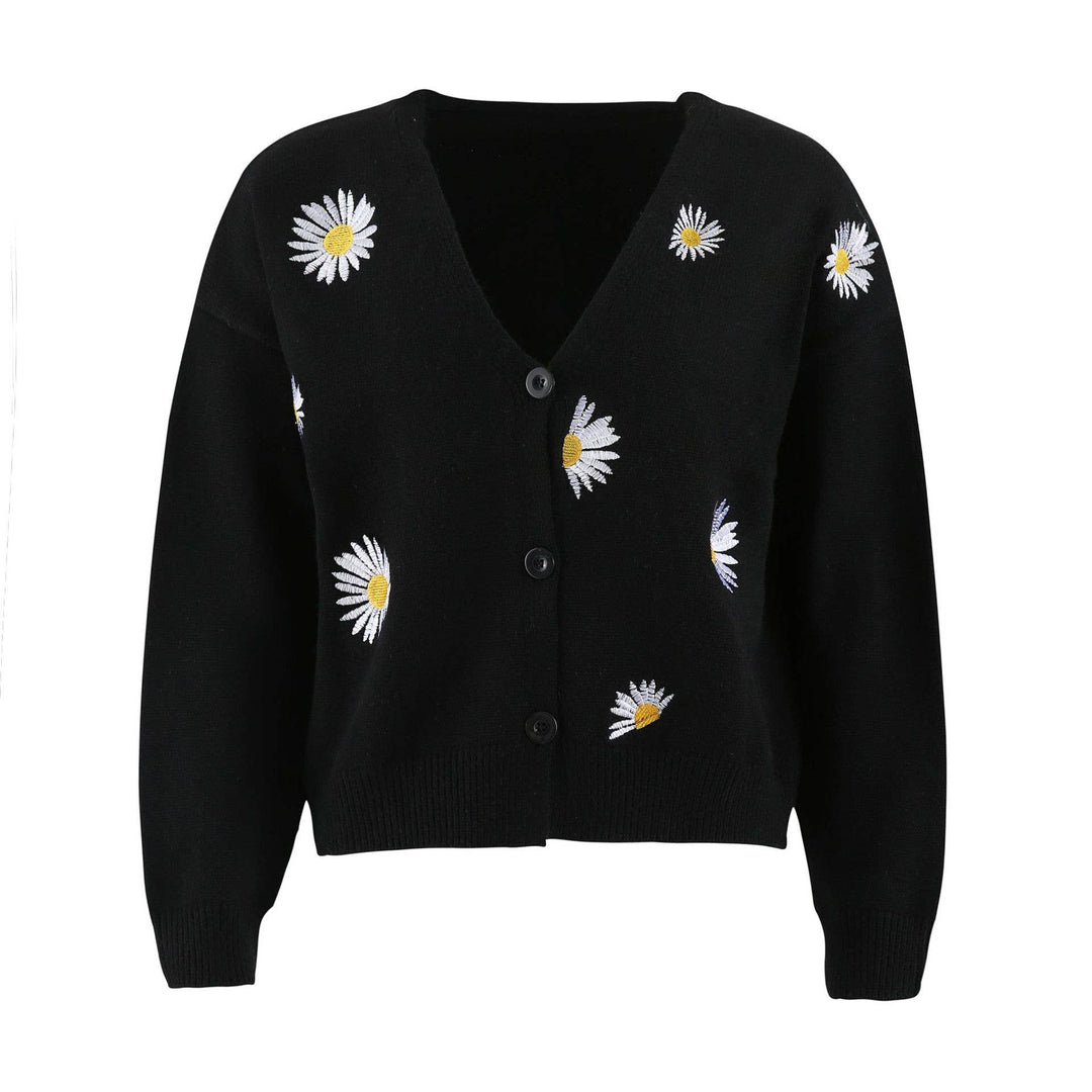 Daisy Pattern V-neck Cardi: Black / S