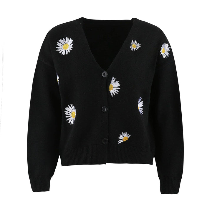 Daisy Pattern V-neck Cardi: Black / S