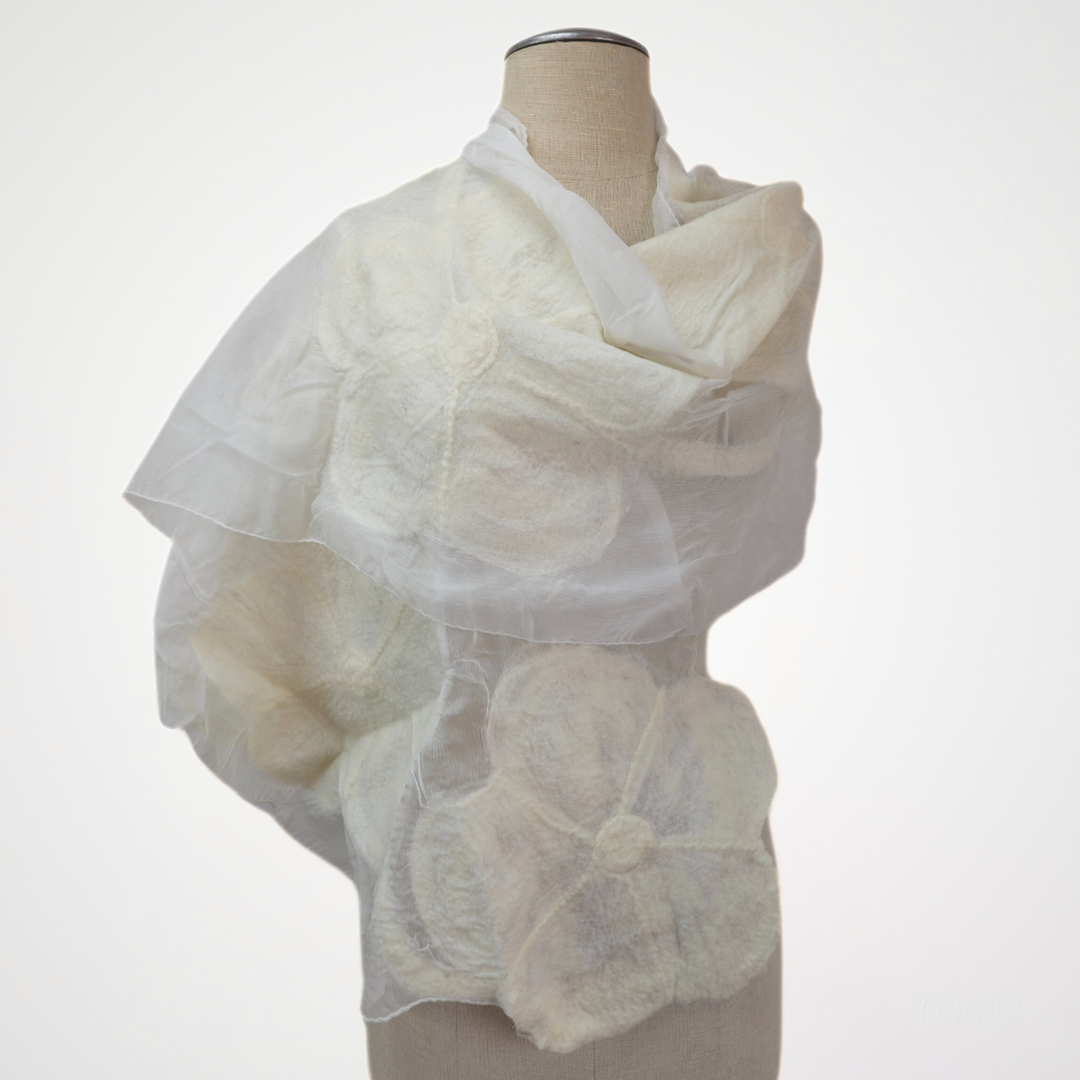 White on white floppy flowers felted scarf