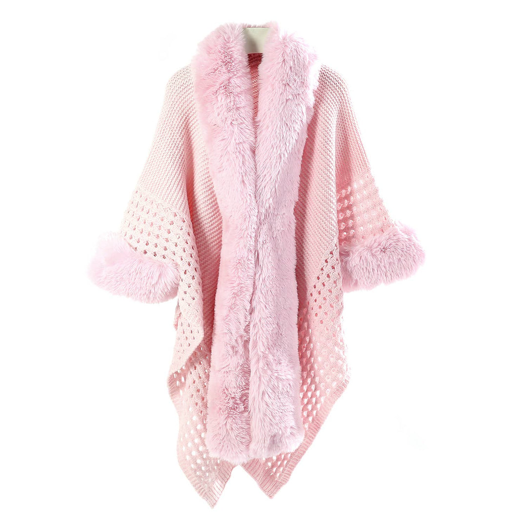 PE364 Hand knitted crochet fur trim cape: Ivory
