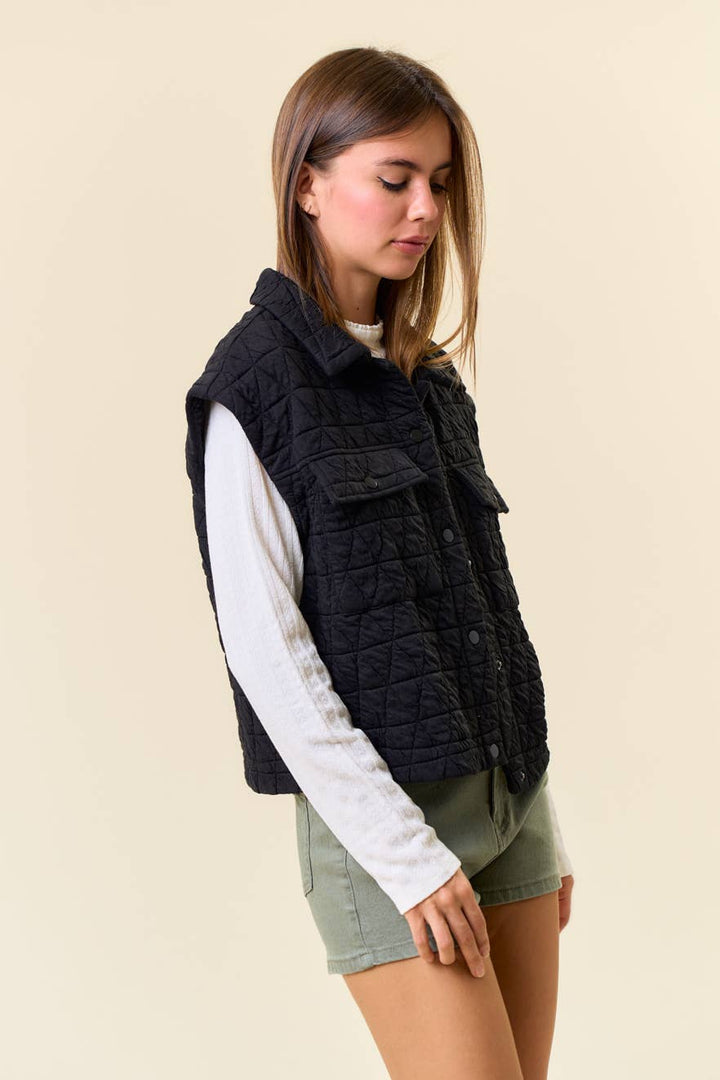 Doe and Rae - QUILTED POINT COLLAR FLAP PATCHED POCKET VEST - 10626J-1: OAT / M