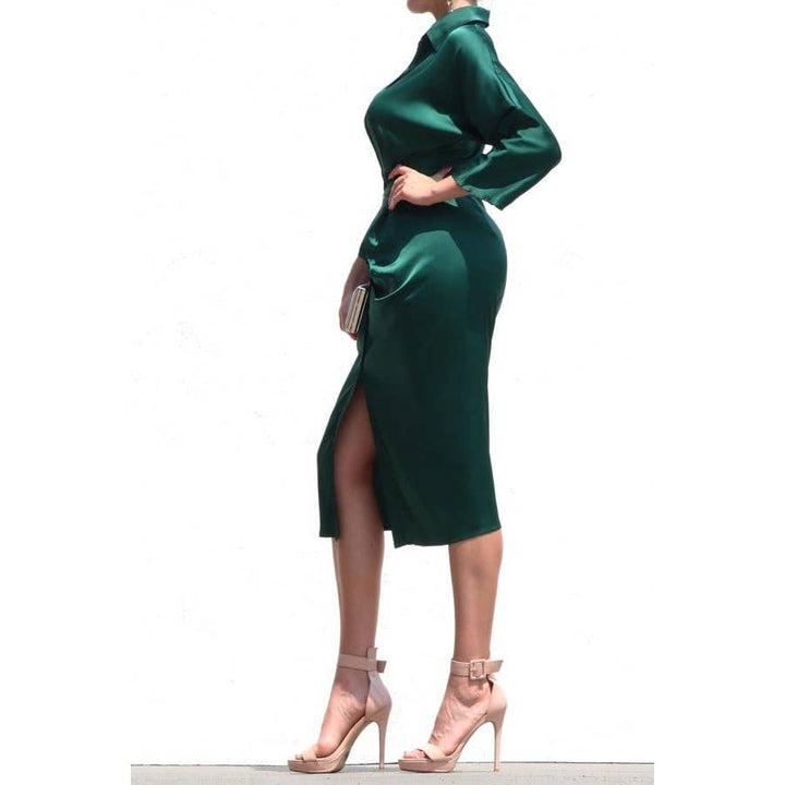 SATIN DRESS WITH WAIST TIE: BURGUNDY / S