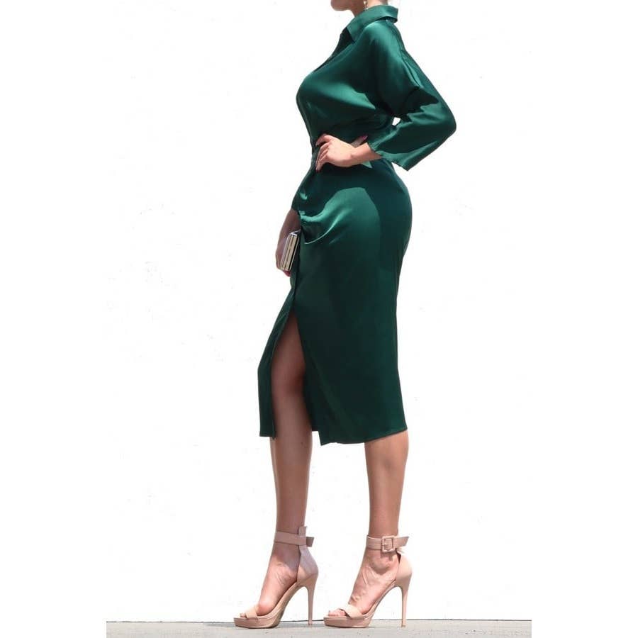 SATIN DRESS WITH WAIST TIE: TEAL / M