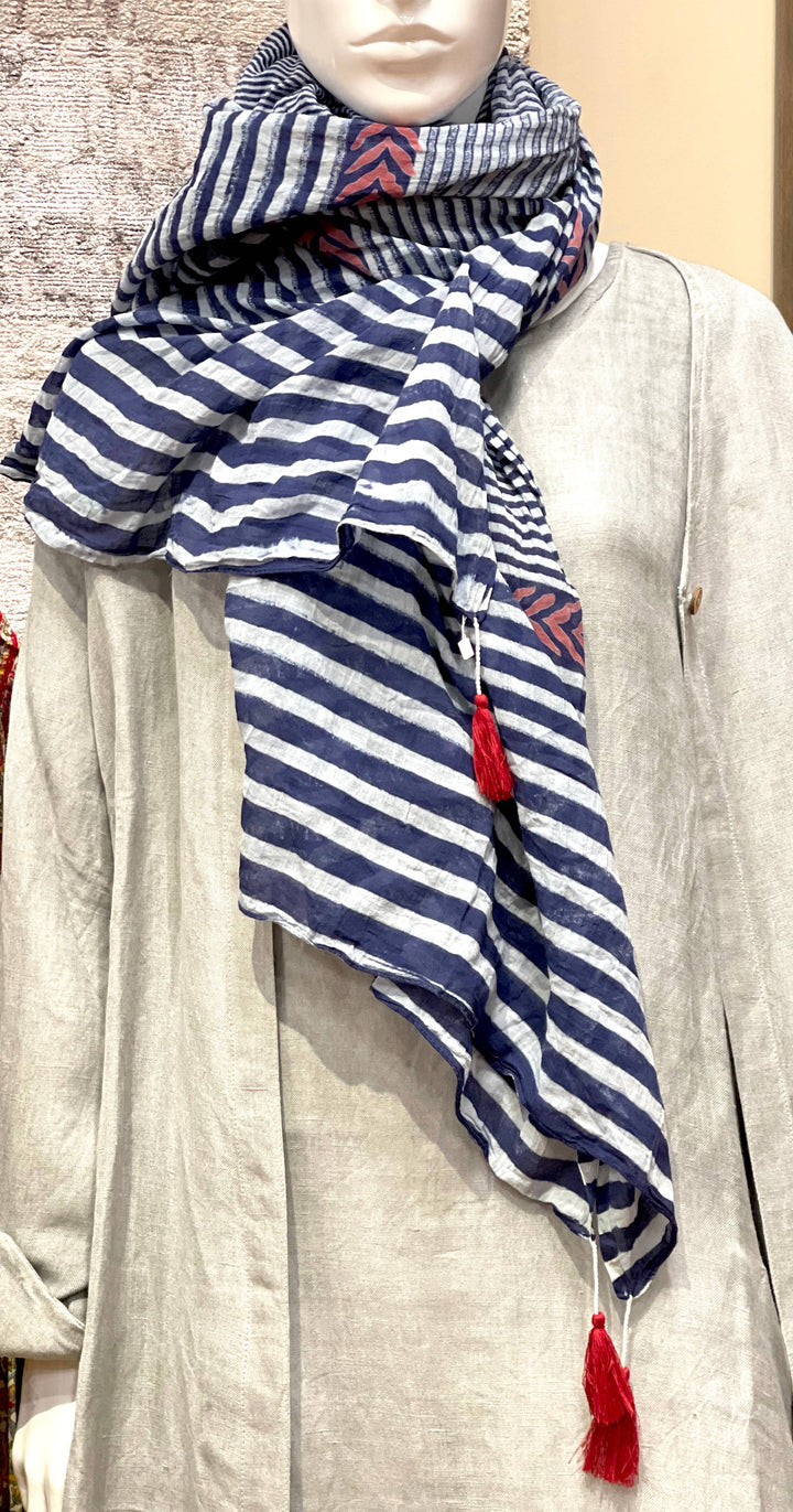 Stripe Cotton Scarf Navy