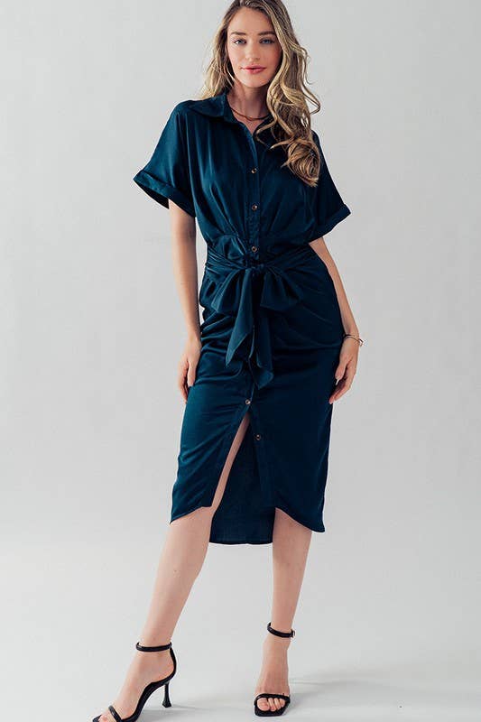 WAIST TIE BELT MIDI SHIRT DRESS: TEAL