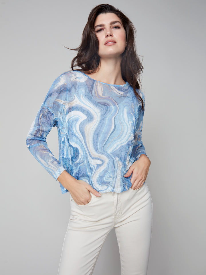 Printed Crinkle Mesh Top  C1218