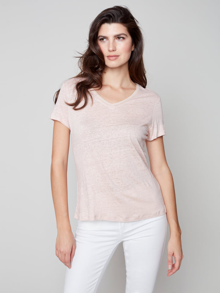 Short-Sleeved Linen T-Shirt with V-neck - C1231