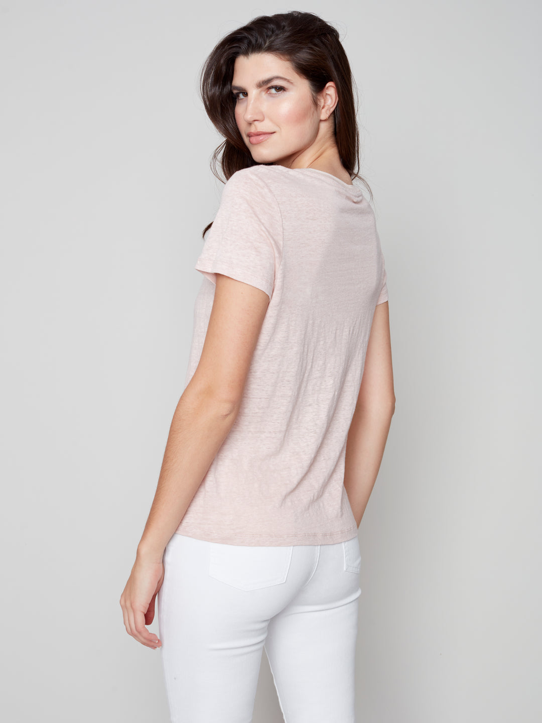 Short-Sleeved Linen T-Shirt with V-neck - C1231