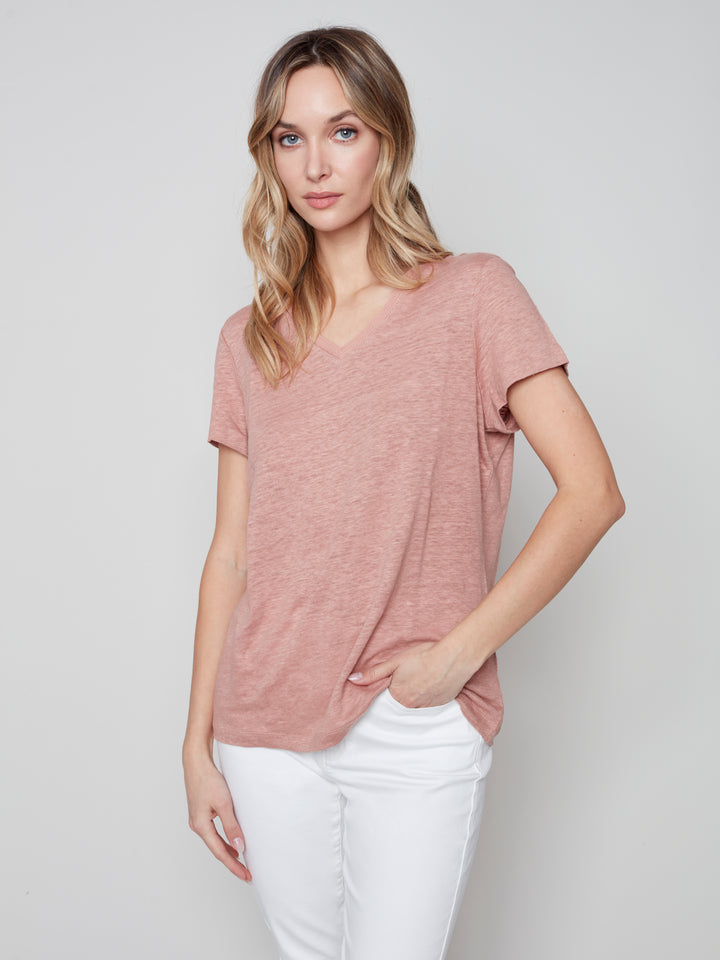 Short-Sleeved Linen T-Shirt with V-neck - C1231