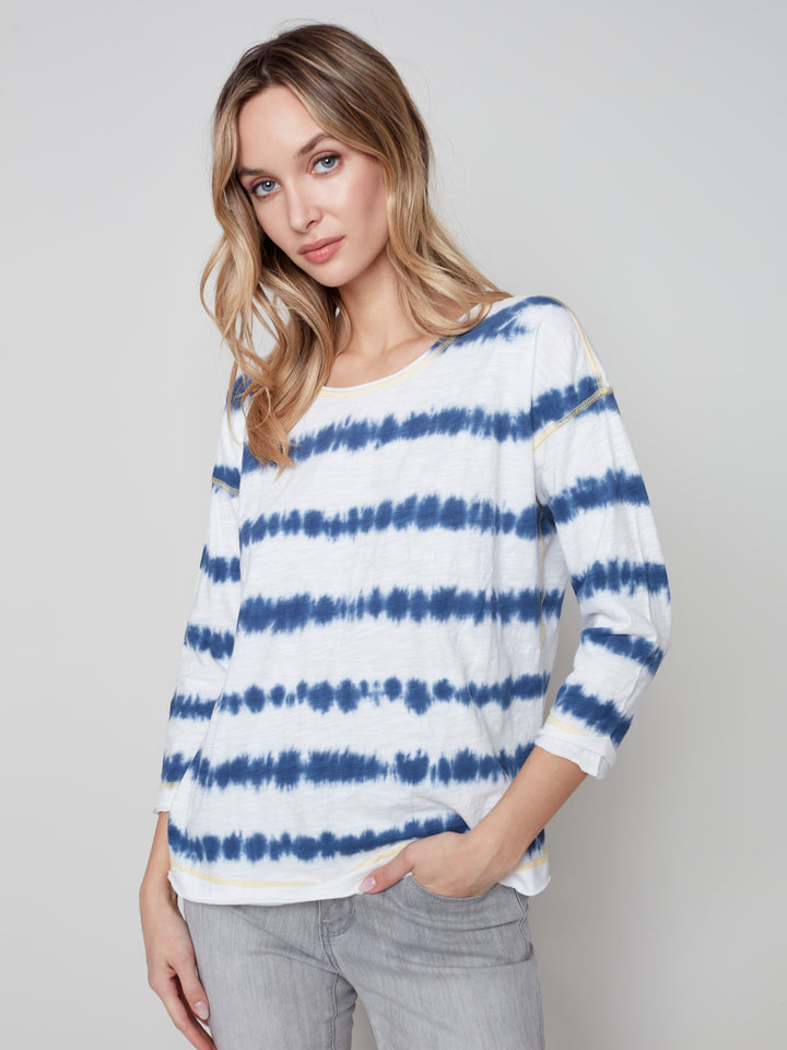 Tie-Dye Knit Top with Contrast Stitch - Marine - C1339