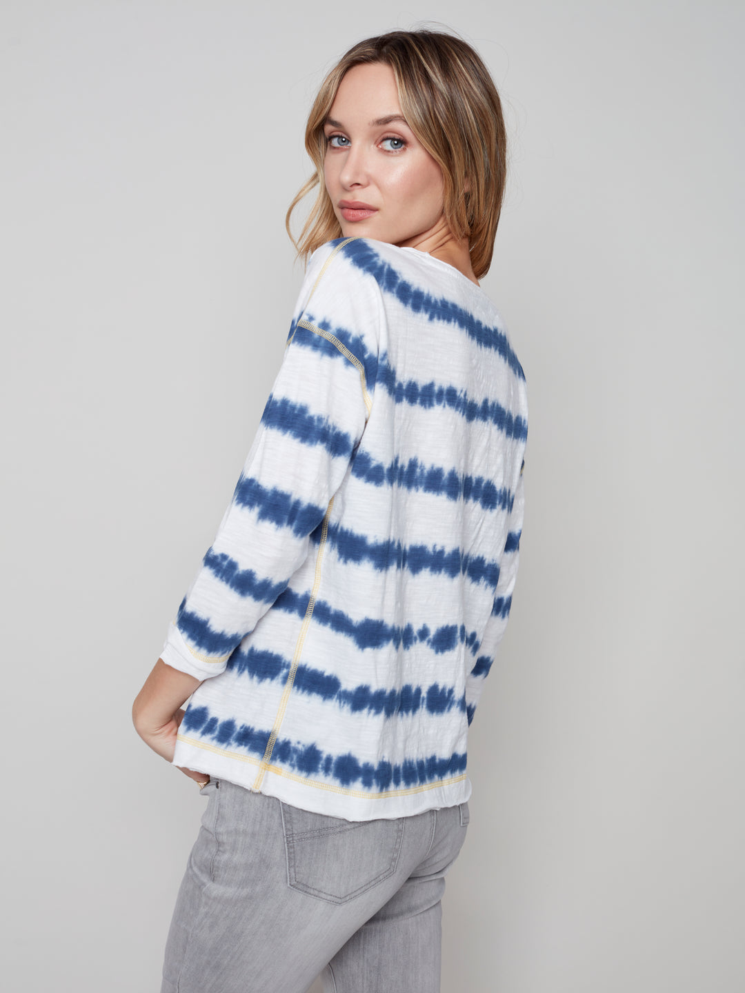 Tie-Dye Knit Top with Contrast Stitch - Marine - C1339