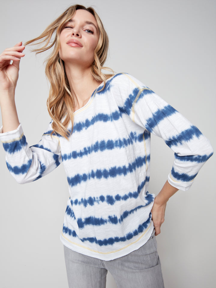 Tie-Dye Knit Top with Contrast Stitch - Marine - C1339