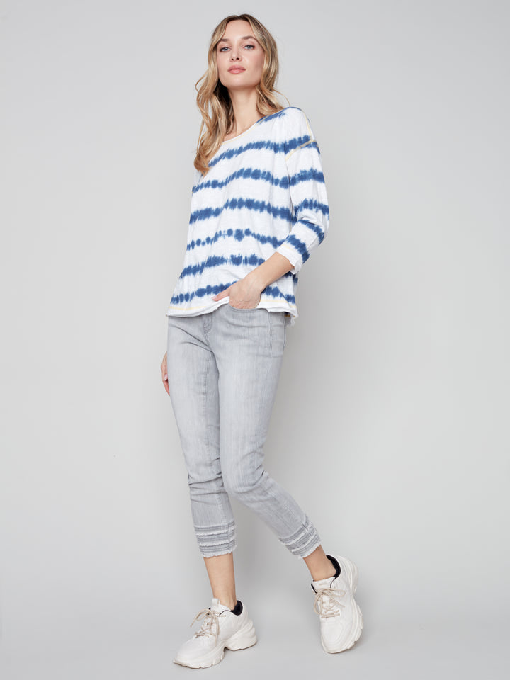 Tie-Dye Knit Top with Contrast Stitch - Marine - C1339