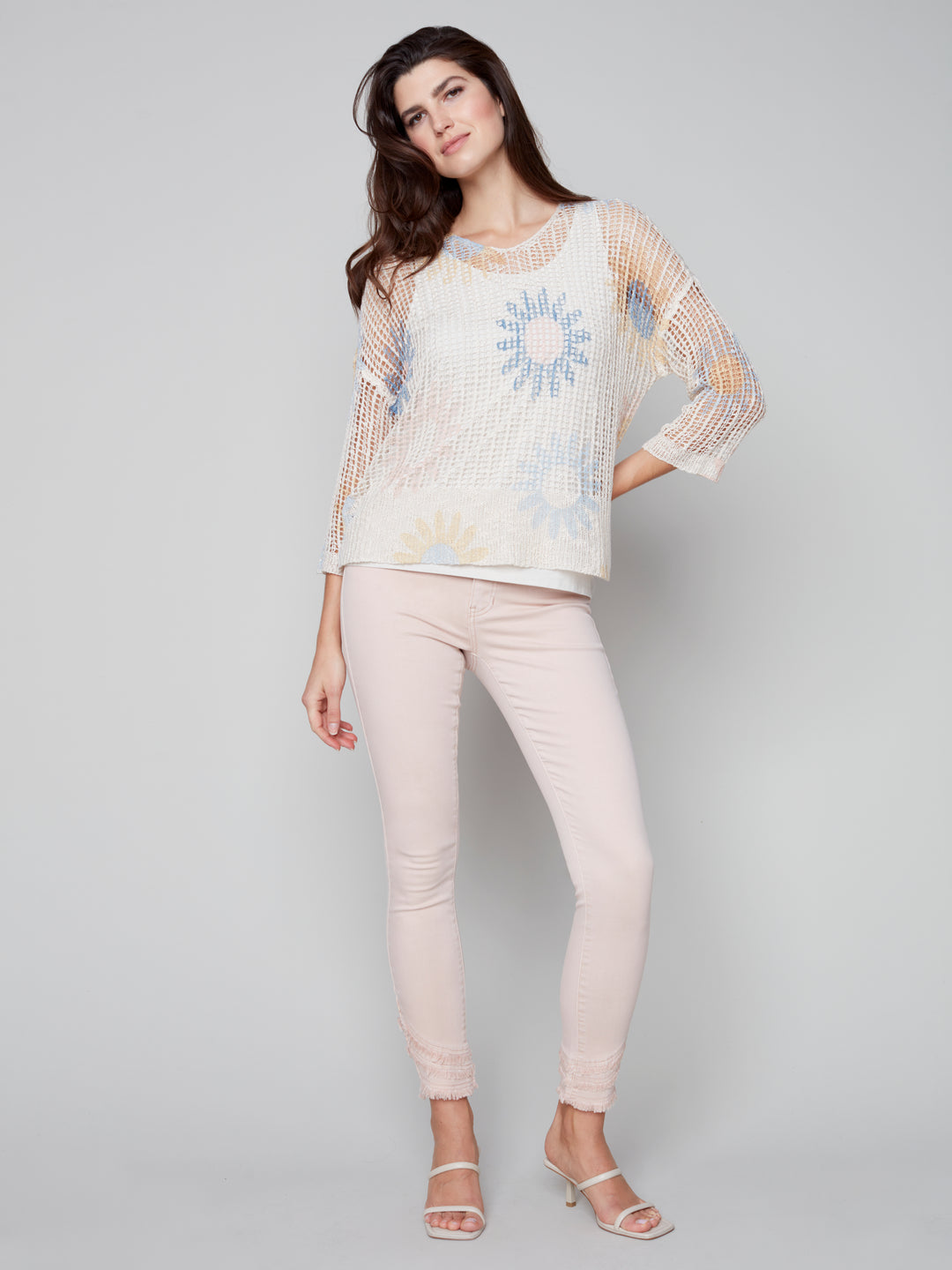 Printed Fishnet Crochet Sweater - Natural - C2326