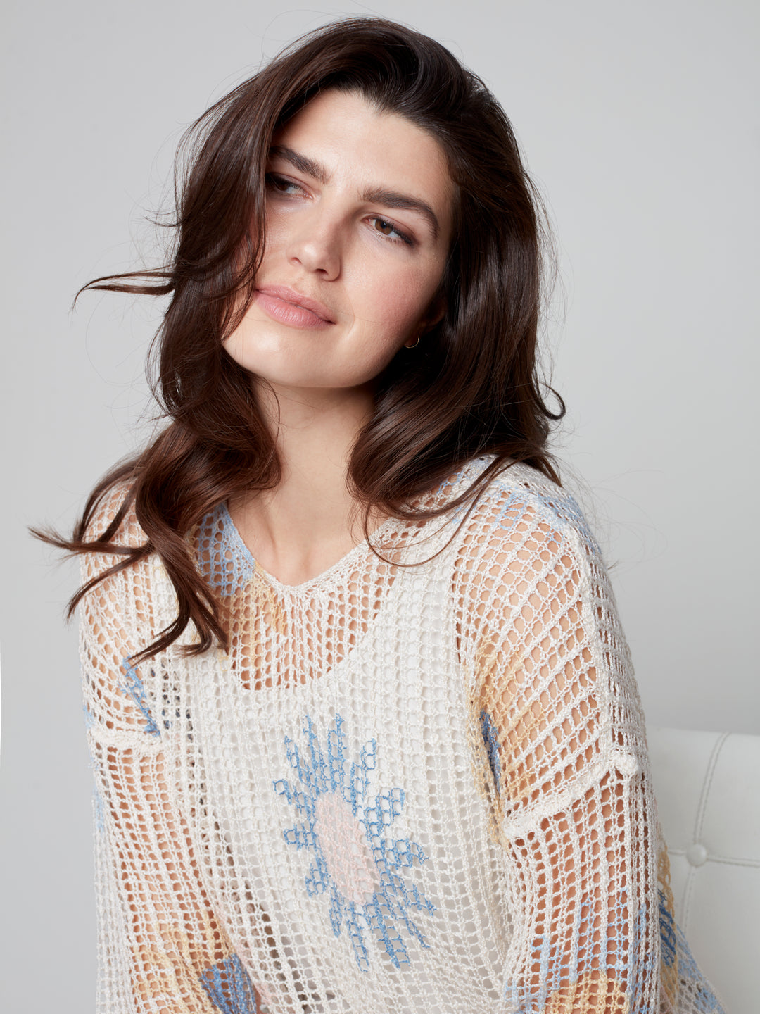 Printed Fishnet Crochet Sweater - Natural - C2326