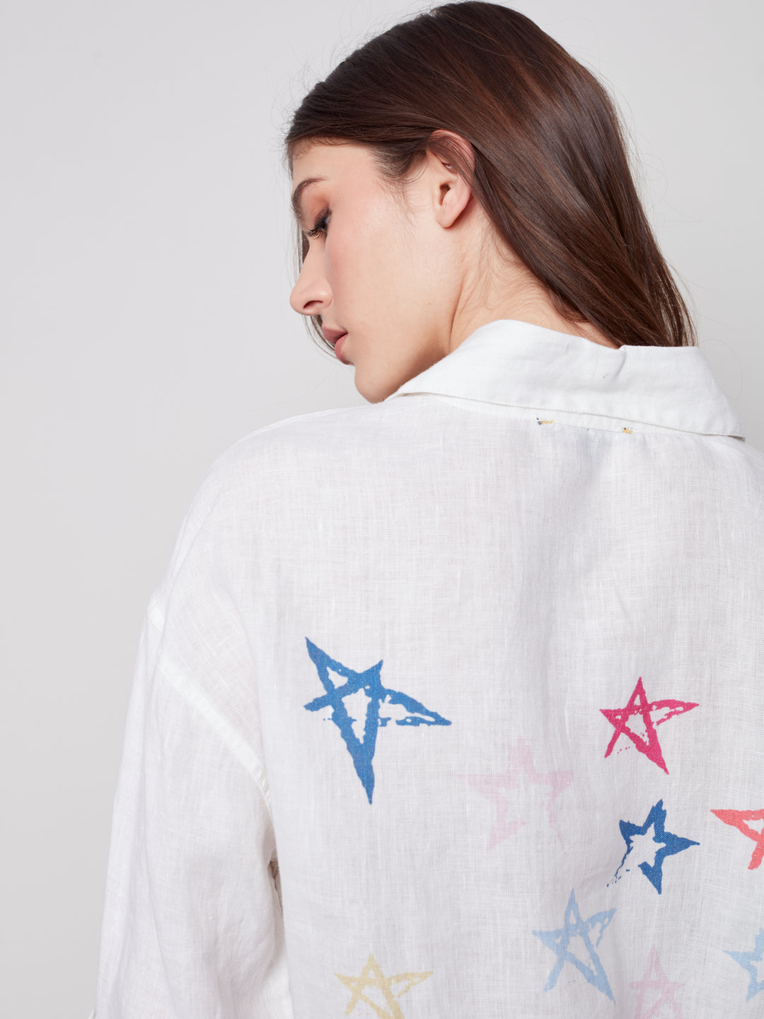 Linen Tunic Blouse with Stars - White - C4444