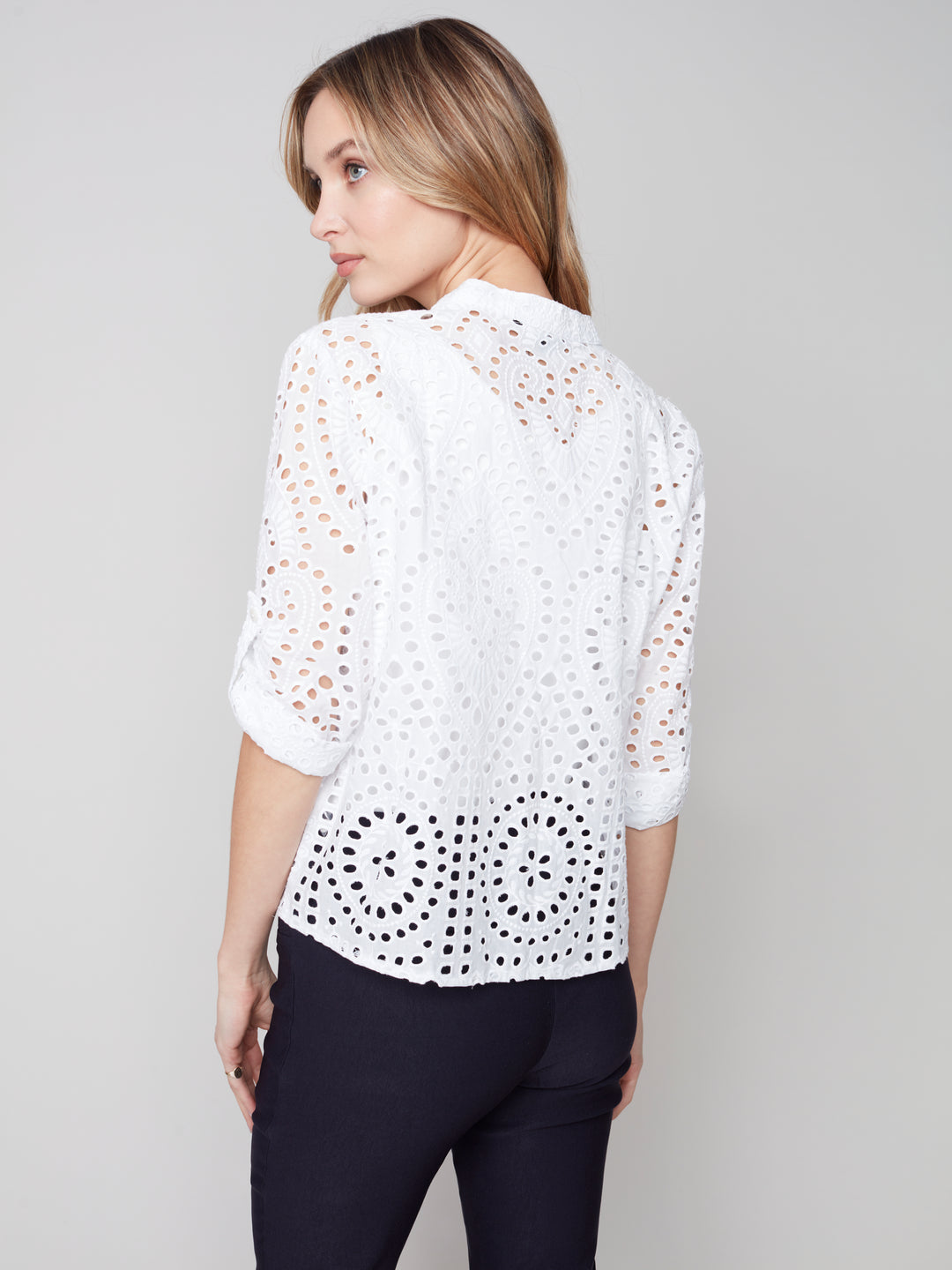 Eyelet Embroidery Front Tie Cotton Blouse - C4467