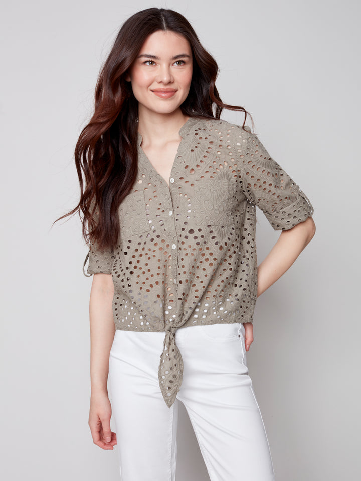 Eyelet Embroidery Front Tie Cotton Blouse - C4467