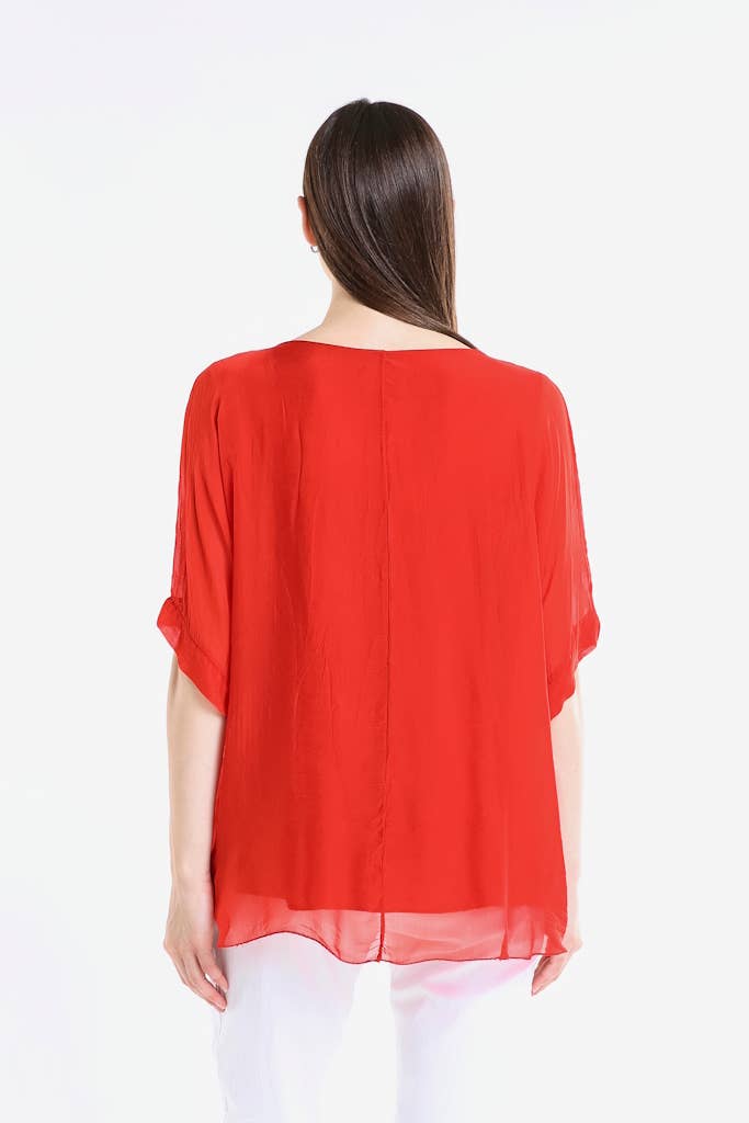 Adriana Silk Double Raw Edge Top (BQ209): Navy