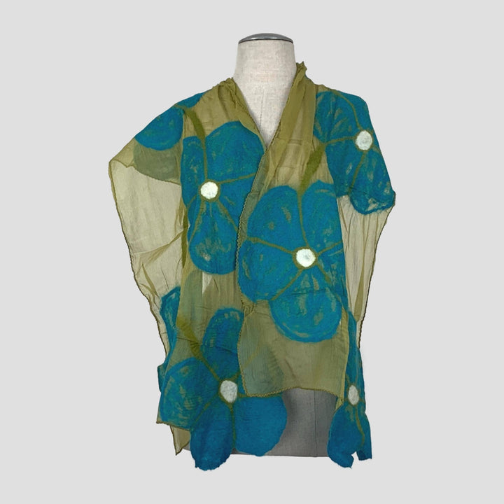 Beige On Turquoise Flower Wet Felt Scarf