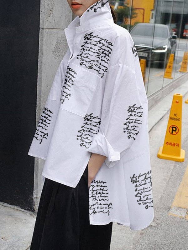 Letter Print Blouse: WHITE / S