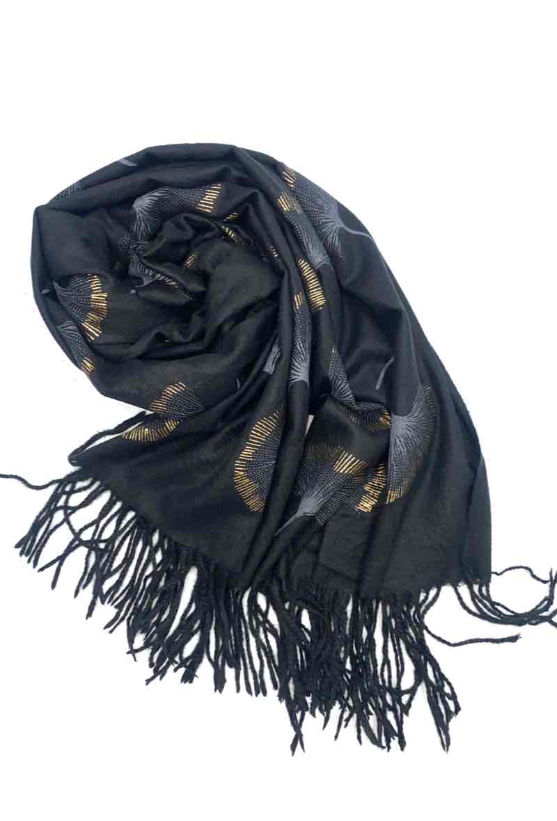 Gingko Leaf Pattern Soft Scarf: Black