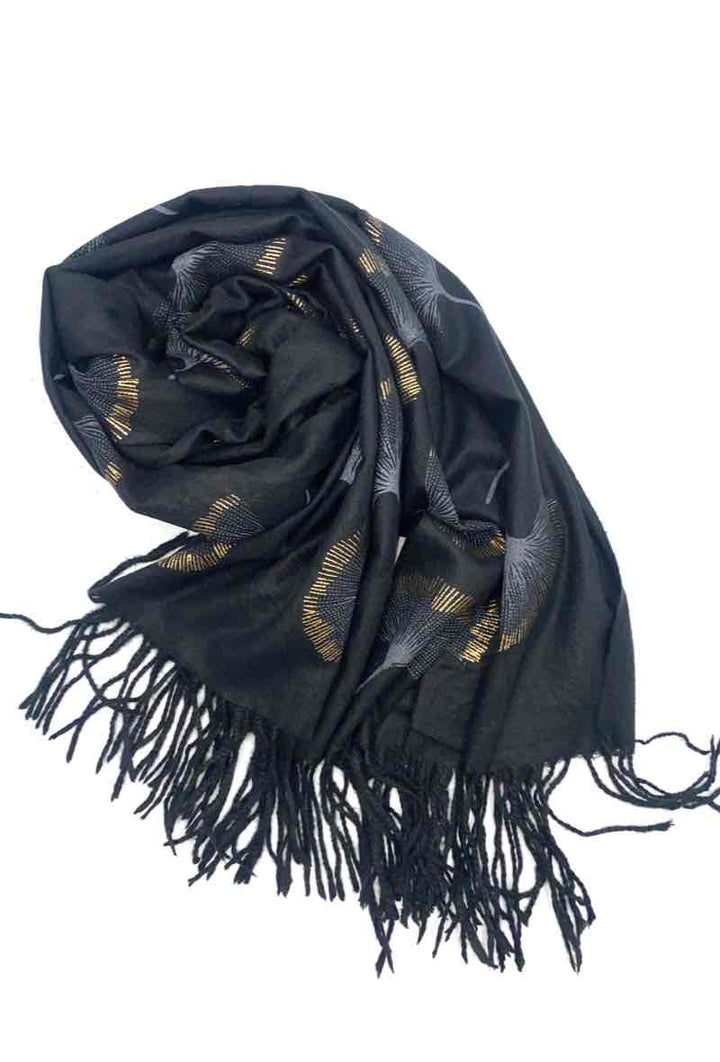 Gingko Leaf Pattern Soft Scarf: Black
