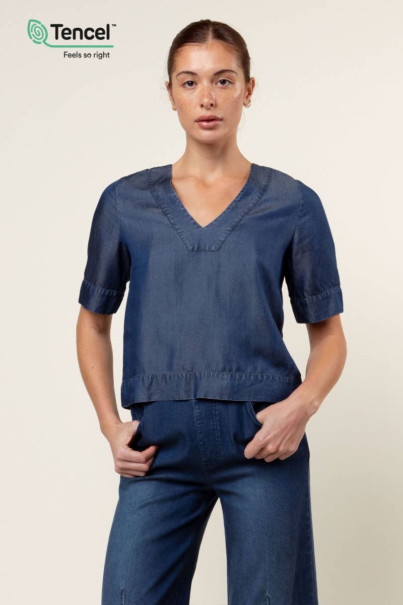 V-Neck Band Blouse: Dark Blue / S