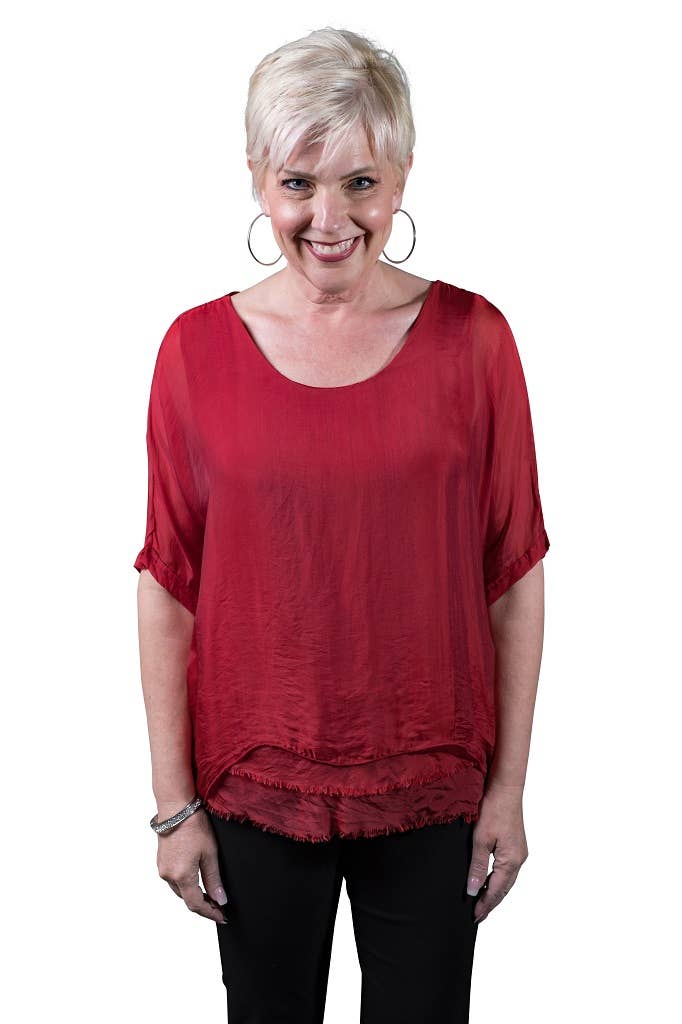 Adriana Silk Double Raw Edge Top (BQ209): Navy